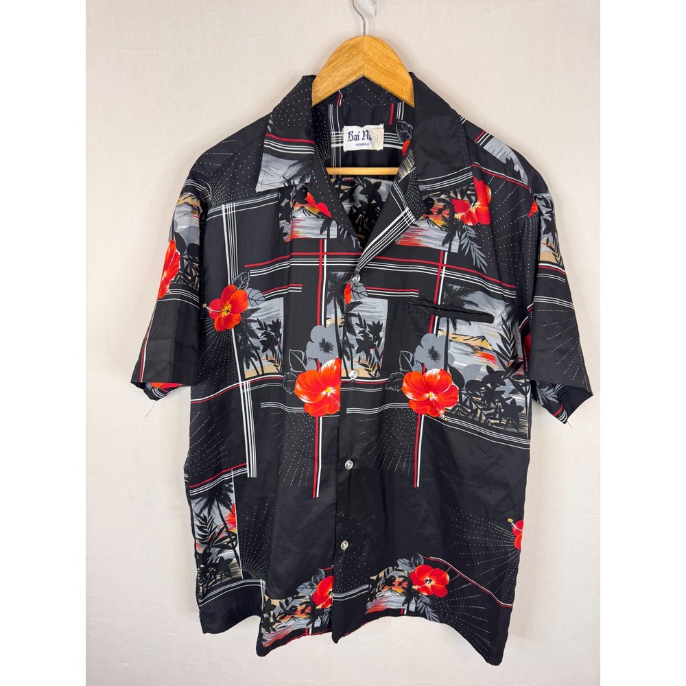 Kai Nani Hawaii Mens Black Red Hibiscus Palm Tree Tropical Aloha Shirt XL